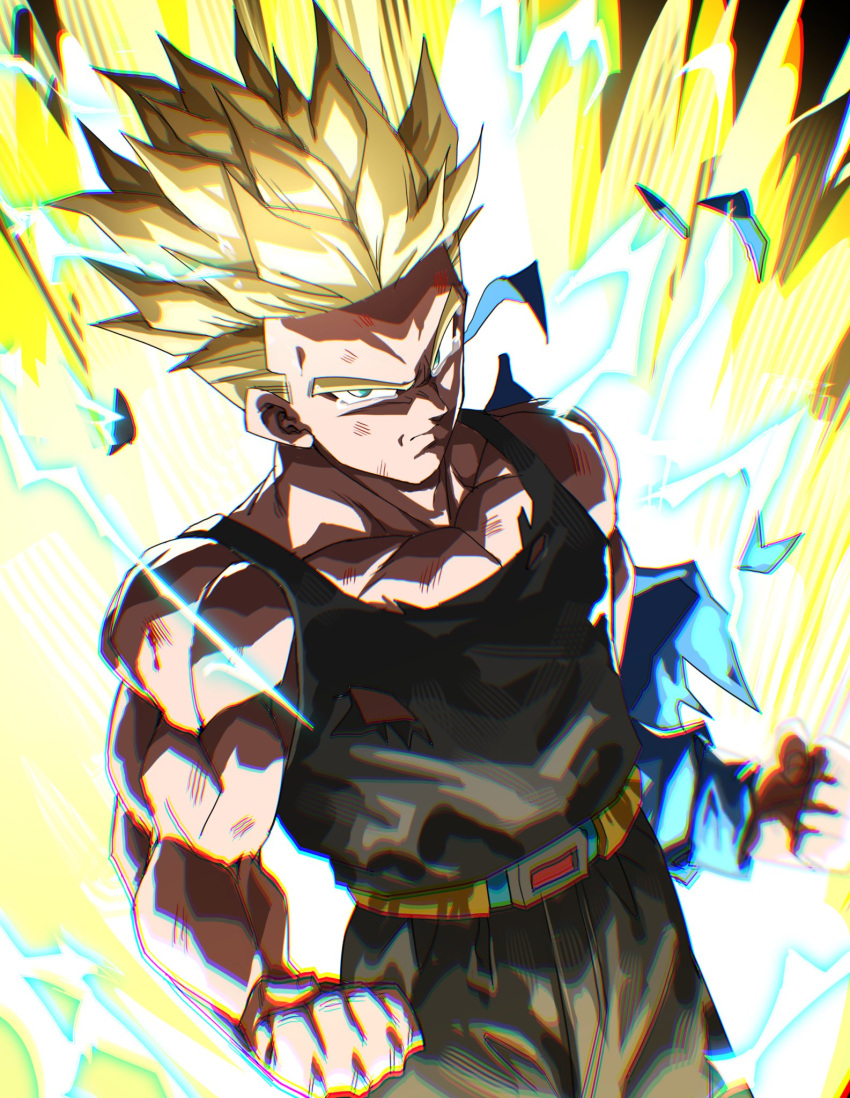 aura bare_shoulders black_pants black_tank_top blonde_hair clenched_hands commentary_request cowboy_shot dragon_ball dragon_ball_z electricity green_eyes highres jacket looking_at_viewer muscular muscular_male pants scene_reference serious short_hair spiked_hair super_saiyan super_saiyan_2 tank_top tears tkht_9315 torn_clothes torn_jacket torn_tank_top trunks_(dragon_ball) trunks_(future)_(dragon_ball)