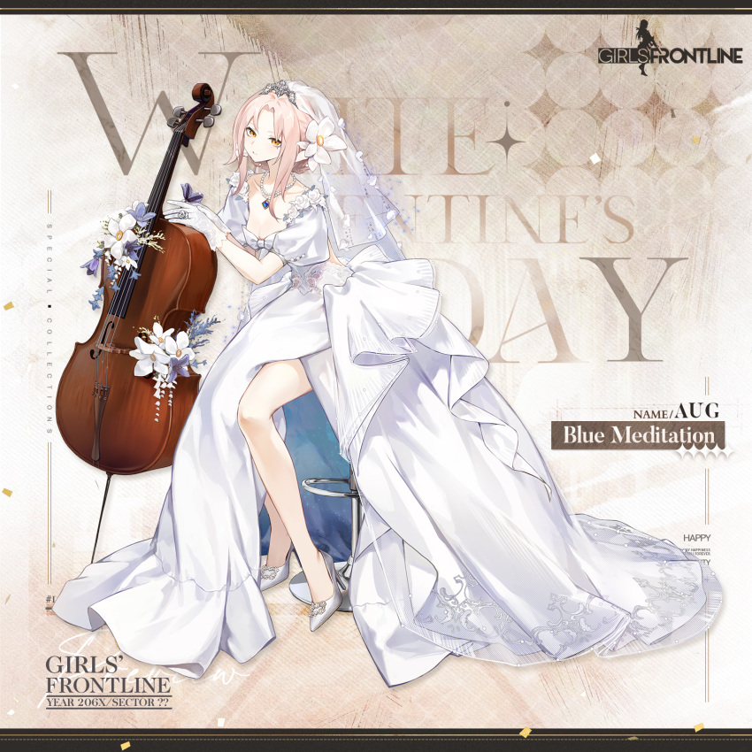 1girl 2024 aug_(blue_meditation)_(girls'_frontline) aug_(girls'_frontline) bare_legs blue_gemstone breasts bridal_veil cello character_name commentary copyright_name dress english_commentary english_text flower flower_request full_body gem girls'_frontline gloves hair_flower hair_ornament high_heels highres instrument jewelry looking_at_viewer medium_breasts medium_hair mole mole_under_eye necklace no_socks official_alternate_costume official_art parted_bangs parted_lips pearl_necklace puffy_short_sleeves puffy_sleeves ring samail second-party_source short_sleeves simple_background sitting solo stool tiara two-sided_dress two-sided_fabric veil wedding_dress white_day white_dress white_flower white_footwear white_gloves white_hair yellow_eyes