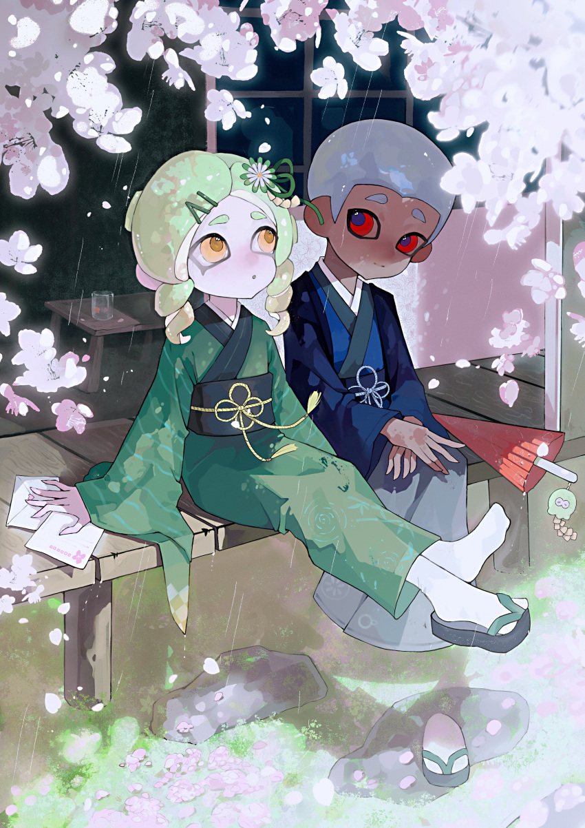 1boy 1girl absurdres afro cherry_blossoms closed_mouth commentary_request dark-skinned_male dark_skin drill_hair flower green_hair green_kimono grey_hair grey_hakama hair_flower hair_ornament hakama haori highres japanese_clothes kimono long_hair octoling octoling_boy octoling_girl octoling_player_character okobo open_mouth rain red_eyes rock rongyu1029 sandals short_hair sitting sleeves_past_wrists splatoon_(series) tentacle_hair thick_eyebrows twin_drills umbrella unworn_footwear wide_sleeves yellow_eyes