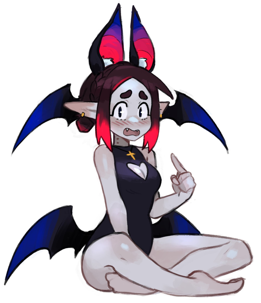 1girl animal_ears bat_ears bat_wings bite_mark black_eyes black_hair blush braid breasts cleavage cleavage_cutout clothing_cutout colored_skin eleanor_(justadrian) fangs hair_bun highres jewelry justadrian_(yoadriandk) leotard multicolored_hair open_mouth pointing pointing_at_self pointy_ears red_hair short_hair simple_background thick_eyebrows two-tone_hair vampire wings