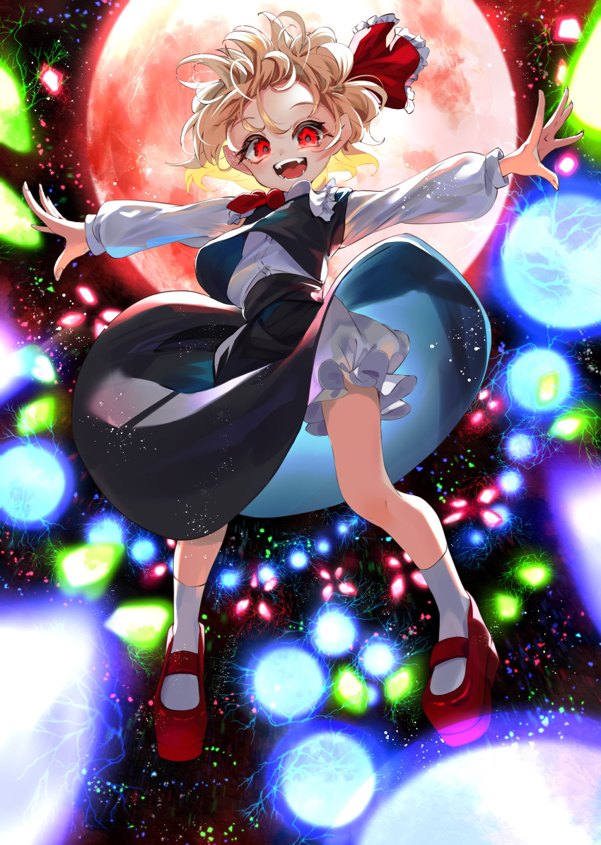 1girl absurdres black_skirt black_vest blonde_hair bloomers calpis118 commentary danmaku hair_ribbon highres looking_at_viewer moon open_mouth outstretched_arms red_eyes red_moon red_ribbon ribbon rumia shirt short_hair skirt smile solo touhou vest white_bloomers white_shirt