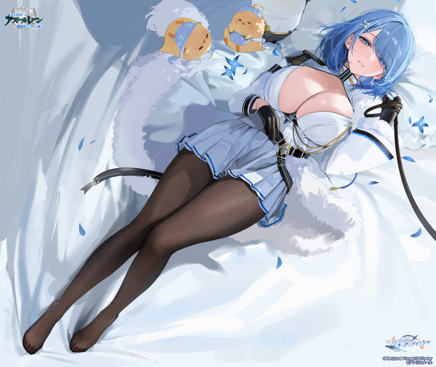 1girl animal azur_lane bed_sheet belt bird black_belt black_gloves black_leash black_pantyhose blue_hair blush breasts brown_pantyhose chain chapayev_(azur_lane) chick cleavage cleavage_cutout closed_mouth clothing_cutout copyright_name copyright_notice feet flower full_body fur_trim gloves hair_ornament hair_over_one_eye hairclip half-closed_eyes hat highres holding holding_leash jacket kandzume_(kandume200) large_breasts leash logo long_sleeves looking_at_viewer lying manjuu_(azur_lane) medium_hair military_hat miniskirt mole mole_on_breast non-web_source official_art on_back on_bed pantyhose peaked_cap petals pillow pleated_skirt pov purple_eyes skirt swept_bangs thighs unworn_hat unworn_headwear viewer_on_leash white_hat white_jacket white_skirt