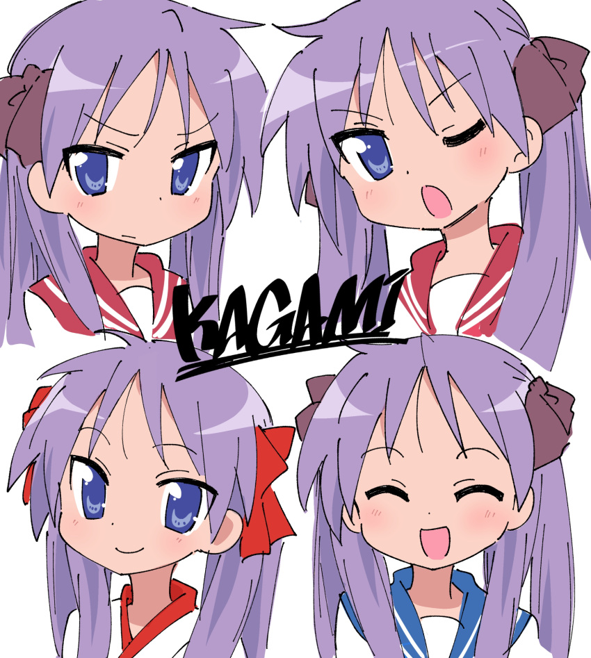 1girl blue_eyes blue_sailor_collar blush character_name closed_mouth commentary haaam highres hiiragi_kagami long_hair looking_at_viewer lucky_star one_eye_closed open_mouth purple_hair red_sailor_collar ryouou_school_uniform sailor_collar school_uniform serafuku simple_background smile twintails white_background