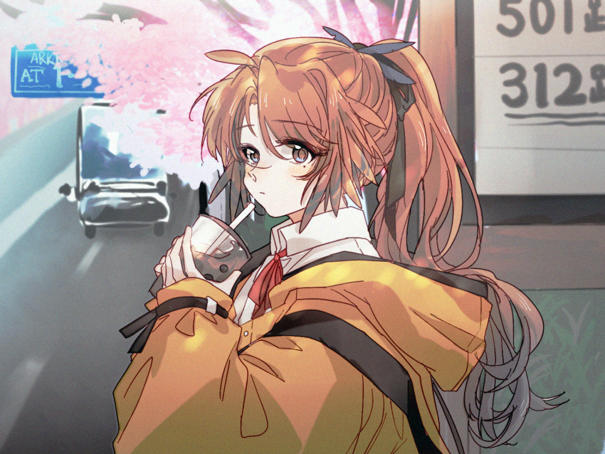 1girl :| arknights backpack bag black_eyes black_ribbon blurry blush brown_hair bubble_tea cherry_blossoms closed_mouth collared_shirt day drink drinking_straw expressionless from_side hair_ribbon hansuitianer highres holding holding_drink hood hood_down hooded_jacket jacket long_hair long_sleeves looking_at_viewer mole mole_under_eye motor_vehicle neck_ribbon outdoors pinecone_(arknights) ponytail red_ribbon ribbon road shirt sideways_glance sign sleeves_past_wrists solo street truck upper_body white_shirt yellow_jacket