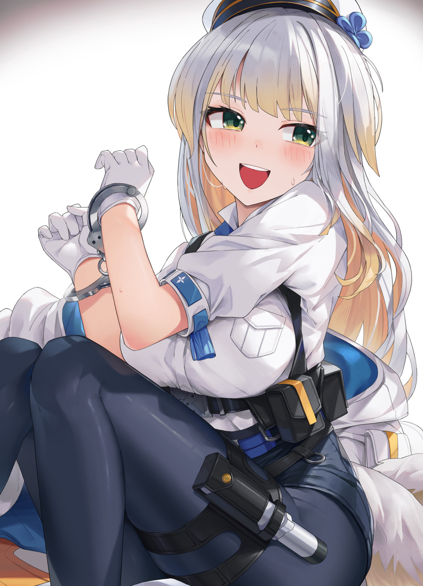 1girl absurdres beret blonde_hair blue_pantyhose blush breasts commentary_request cuffs gloves green_eyes grey_hair handcuffs hat highres kaguya_(srx61800) large_breasts long_hair looking_to_the_side multicolored_hair nijisanji open_mouth pantyhose police police_uniform policewoman shioriha_ruri shirt short_sleeves simple_background sitting smile solo sweatdrop two-tone_hair uniform virtual_youtuber white_background white_beret white_gloves white_shirt