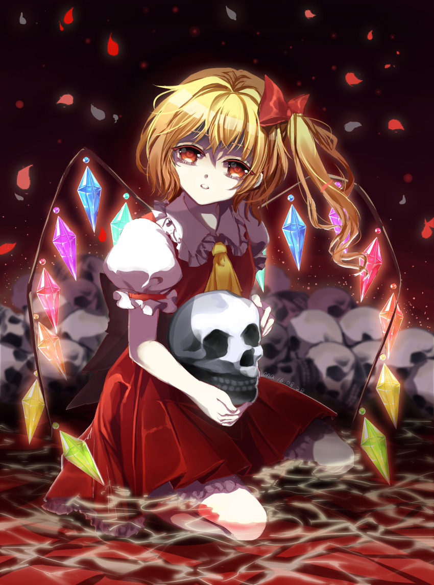 1girl absurdres ascot blonde_hair crystal_wings dress flandre_scarlet frills hair_ribbon highres puffy_short_sleeves puffy_sleeves red_dress red_eyes red_ribbon ribbon short_sleeves side_ponytail skull smile solo touhou vioro water yellow_ascot