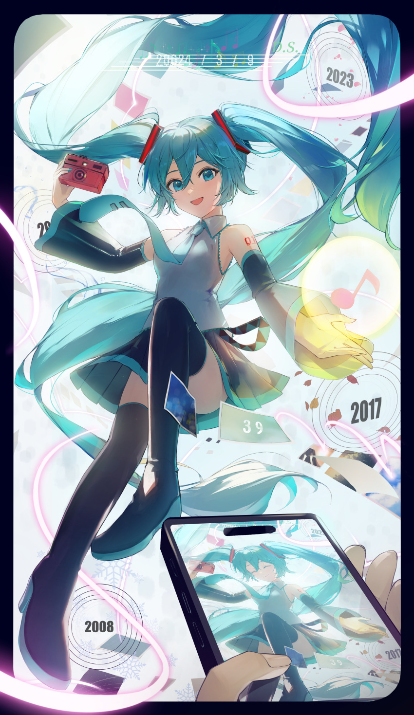 2008 2017 2023 2024 :d absurdres aqua_eyes aqua_hair aqua_necktie black_footwear black_skirt black_sleeves boots camera cellphone closed_eyes closed_mouth collared_shirt dated detached_sleeves floating_hair grey_shirt hair_between_eyes hair_ornament hatsune_miku highres holding holding_camera holding_phone kamatoyu long_hair long_sleeves looking_at_viewer miku_day miniskirt necktie open_mouth phone pleated_skirt shirt skirt sleeveless sleeveless_shirt smartphone smile solo_focus thigh_boots twintails very_long_hair vocaloid wing_collar