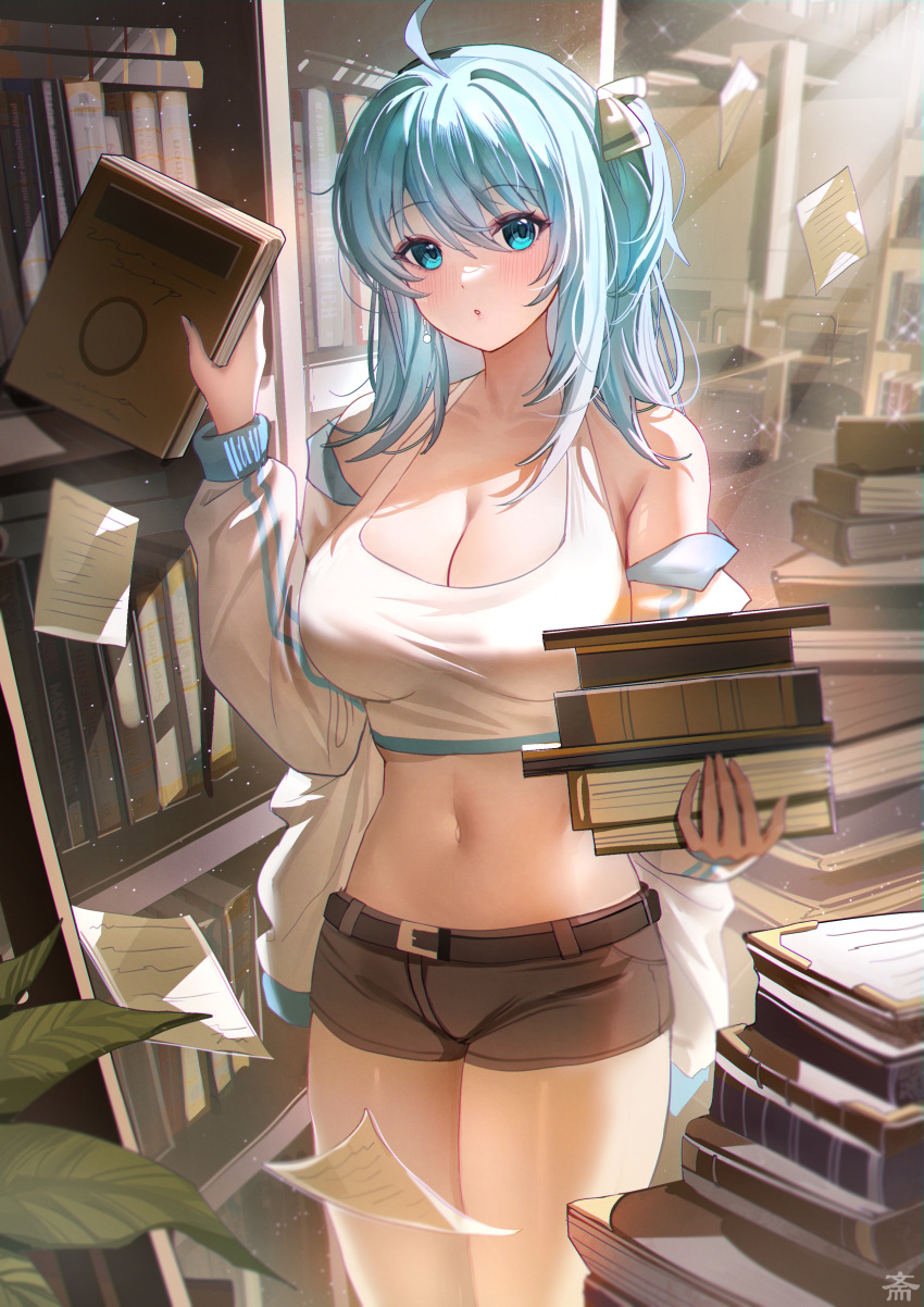 1girl :o absurdres ahoge aqua_eyes aqua_hair belt black_shorts blush book bookshelf breasts cleavage coat collarbone commission english_commentary hair_between_eyes hair_ribbon highres holding holding_book large_breasts library long_hair long_sleeves looking_at_viewer medium_breasts navel off_shoulder open_mouth original paper ribbon short_shorts shorts sidelocks solo sunlight tank_top tansuan_(ensj3875) white_coat white_tank_top