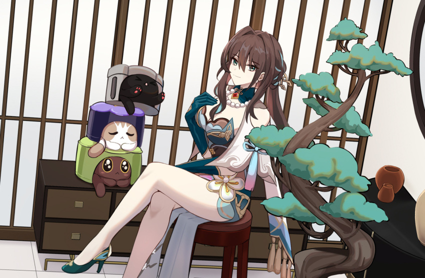 1girl aqua_dress bare_legs bead_necklace beads bonsai brown_hair cat commentary dress foot_out_of_frame hair_intakes high_heels honkai:_star_rail honkai_(series) indoors jewelry long_hair looking_at_viewer necklace ruan_mei_(honkai:_star_rail) sitting smile stool supershrimpcakes thighs