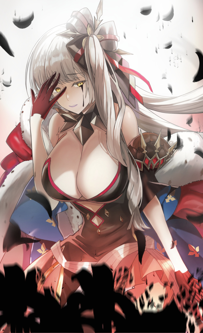 1girl absurdres bare_shoulders black_dress black_gloves breasts cleavage cloak detached_collar dress fate/grand_order fate_(series) fur-trimmed_cloak fur_trim gloves hair_ornament half_gloves highres kaji_zarame large_breasts long_hair looking_at_viewer marie_antoinette_(alter)_(fate) marie_antoinette_(alter)_(third_ascension)_(fate) marie_antoinette_(fate) off_shoulder red_cloak side_ponytail solo very_long_hair white_hair yellow_eyes