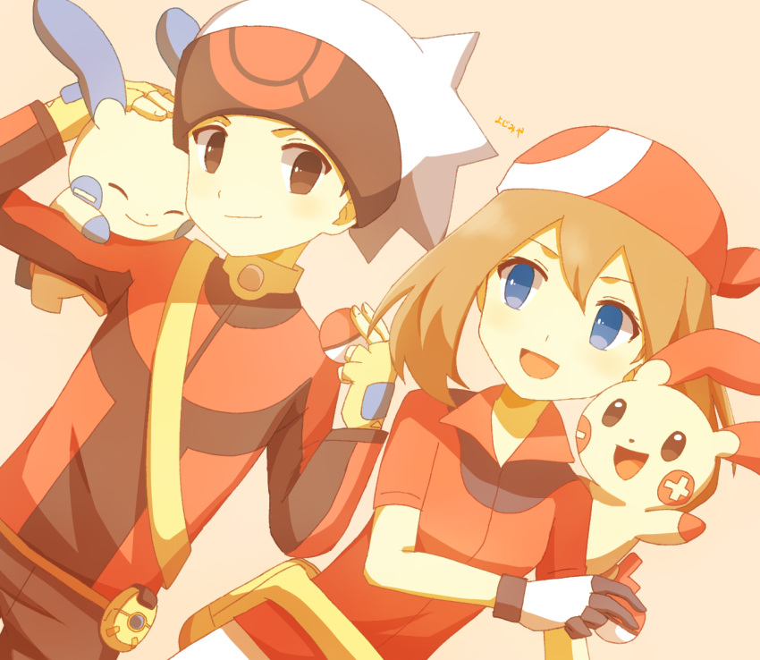 1boy 1girl :d bandana black_gloves brendan_(pokemon) brown_eyes brown_hair closed_mouth fanny_pack fingerless_gloves gloves hair_between_eyes hand_on_another's_head hat holding holding_poke_ball long_sleeves looking_at_another may_(pokemon) minun on_shoulder open_mouth plusle poke_ball poke_ball_(basic) pokemon pokemon_(creature) pokemon_on_shoulder pokenav red_bandana red_shirt shirt short_hair short_sleeves smile two-tone_gloves upper_body white_gloves white_hat yellow_gloves ymzmi