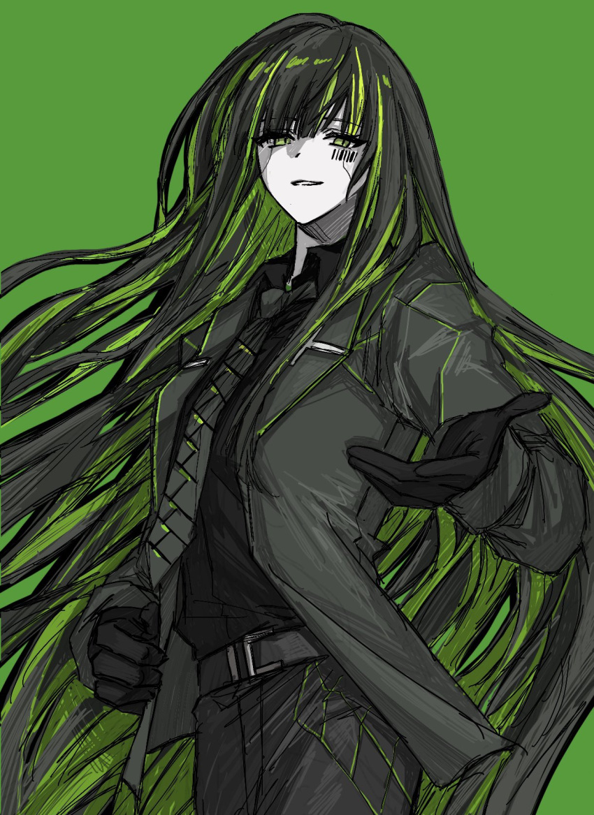 1girl alfonso_(project_moon) ashi_(dongshi389) barcode barcode_tattoo belt black_belt black_gloves black_jacket black_necktie black_pants black_shirt collared_shirt cowboy_shot gloves green_background green_eyes green_hair green_theme highres jacket limbus_company multicolored_hair necktie pants parted_lips project_moon reaching reaching_towards_viewer shirt simple_background solo streaked_hair tattoo wing_collar