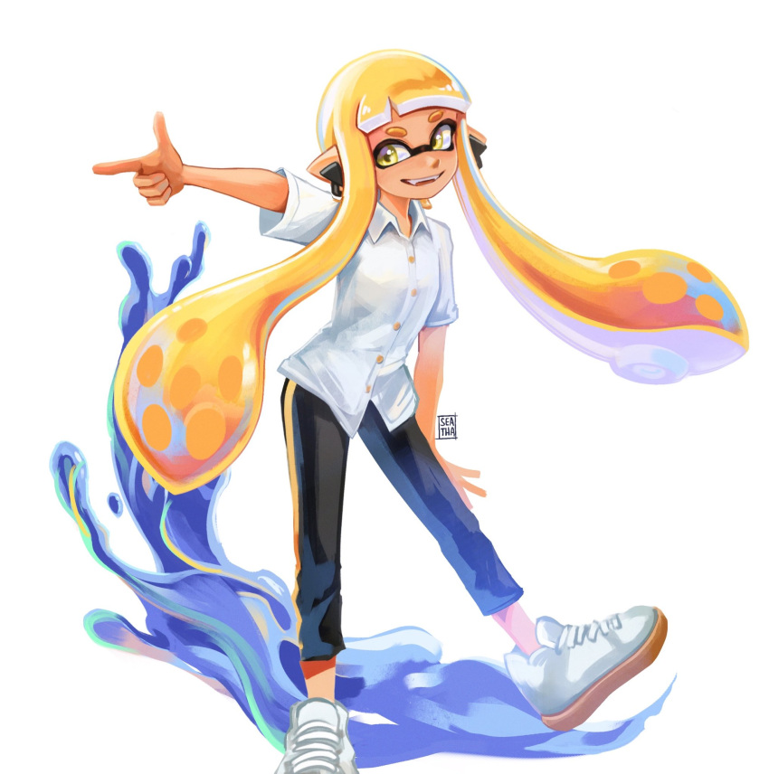 1girl blonde_hair commentary commission english_commentary finger_gun full_body highres inkling inkling_girl inkling_player_character long_hair one_eye_closed open_mouth seatha shoes simple_background smile solo splatoon_(series) teeth tentacle_hair thick_eyebrows white_background white_footwear yellow_eyes