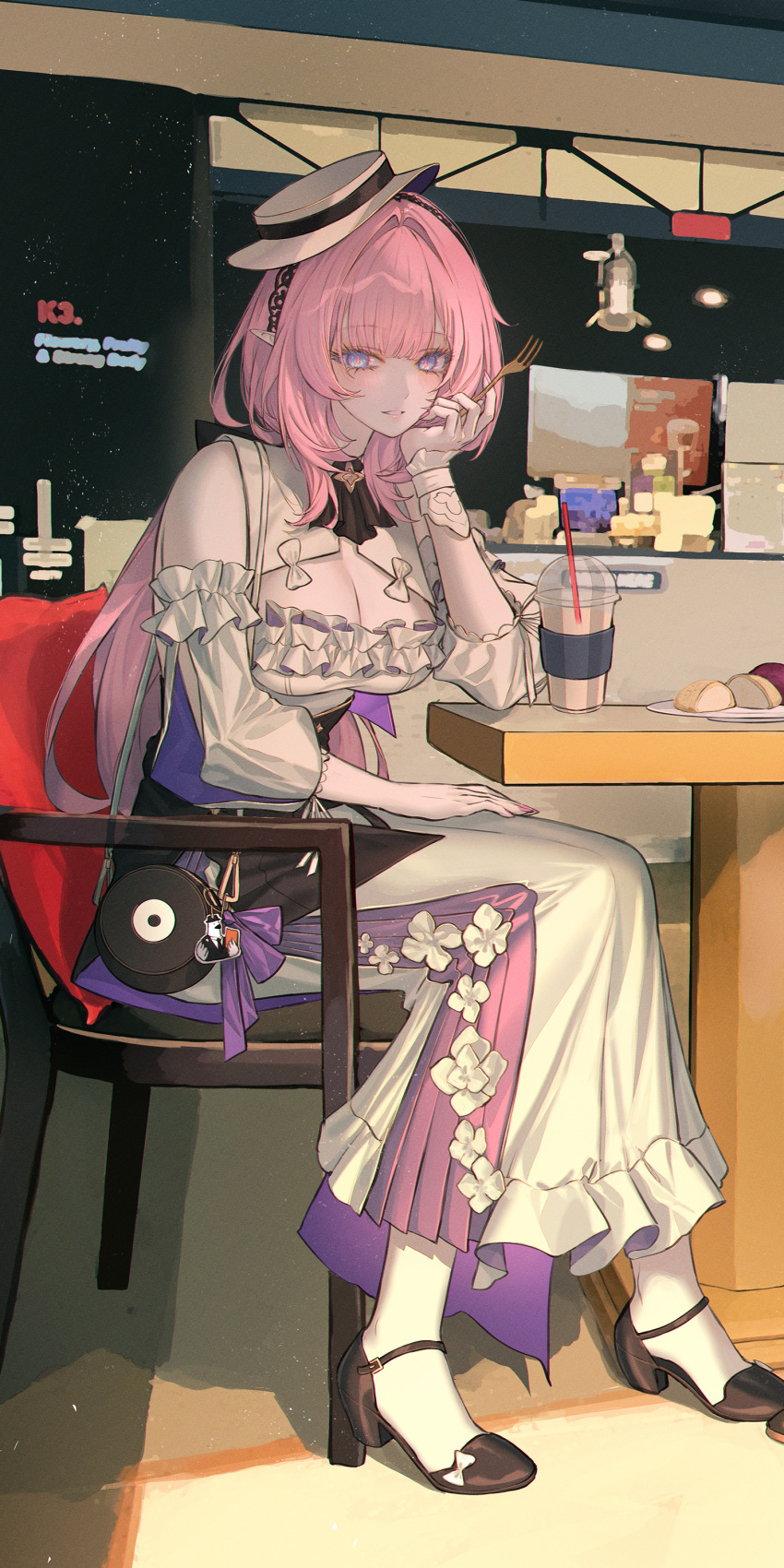 1girl absurdres black_footwear blue_eyes breasts chair cleavage commentary cup disposable_cup dress elysia_(honkai_impact) highres honkai_(series) honkai_impact_3rd indoors long_dress long_hair long_sleeves looking_at_viewer neon_(pixiv_31150749) pantyhose pink_hair pointy_ears shoes sitting solo very_long_hair white_dress white_hat white_pantyhose
