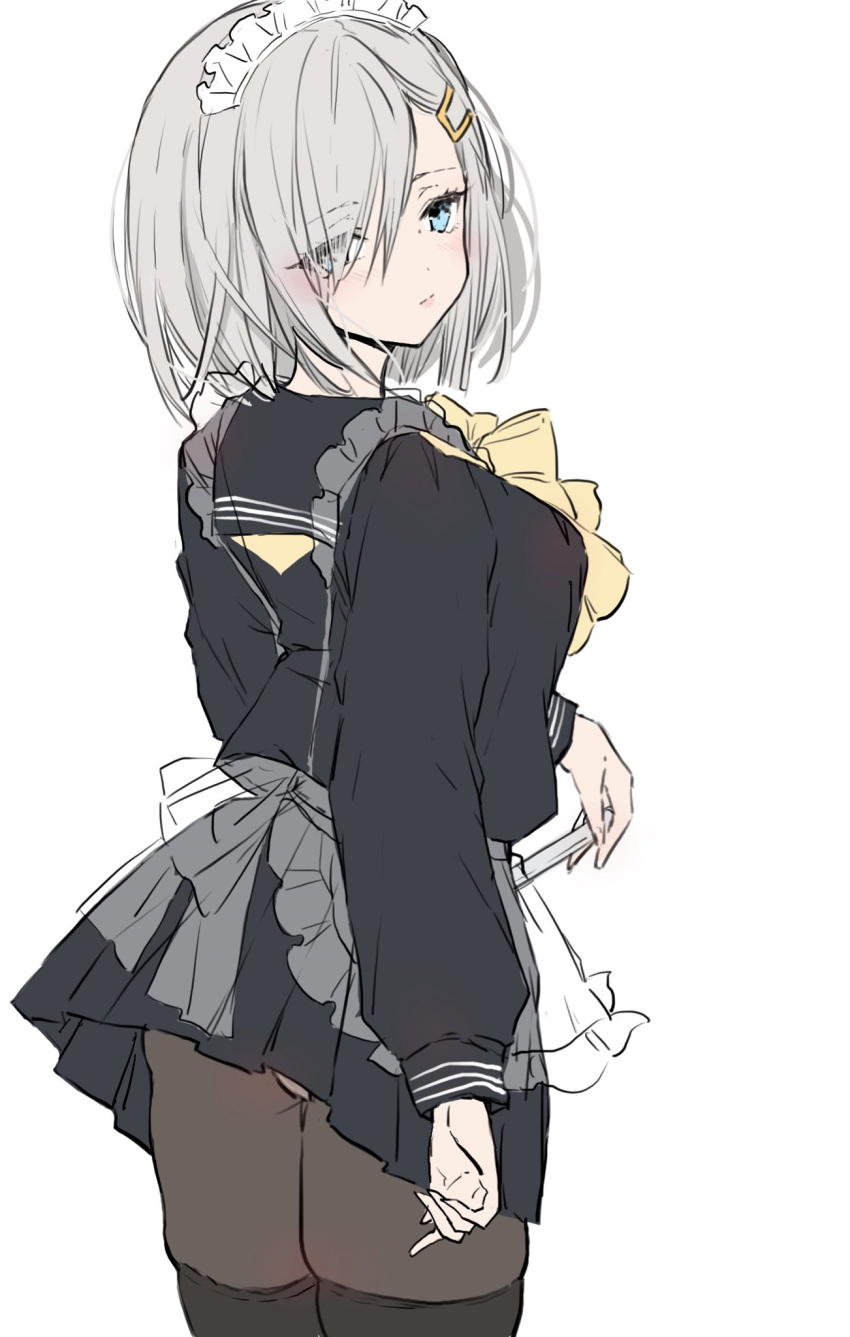 1girl alternate_costume black_pantyhose black_sailor_collar black_serafuku black_shirt black_skirt black_thighhighs blue_eyes chigasaki_yukari dress enmaided eyes_visible_through_hair from_behind grey_hair hair_ornament hair_over_one_eye hairclip hamakaze_(kancolle) highres kantai_collection looking_back maid maid_headdress pantyhose pleated_dress sailor_collar school_uniform see-through_apron serafuku shirt short_hair simple_background skirt solo thighhighs white_background