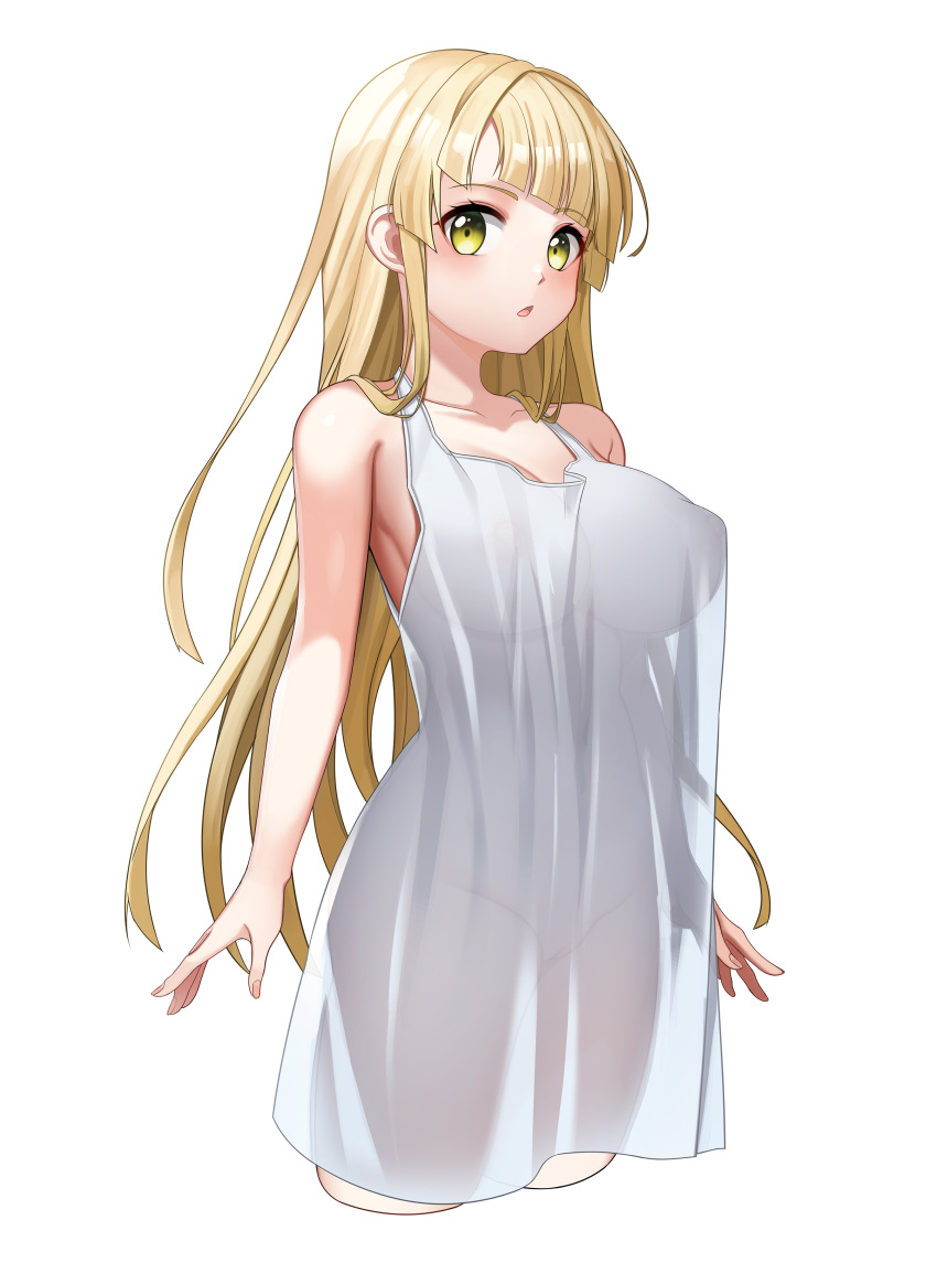 1girl absurdres bang_dream! bare_shoulders blonde_hair blunt_bangs blush breasts collarbone covered_navel covered_nipples covered_pussy diagonal_bangs dopamine70 dress_shirt highres large_breasts long_hair looking_at_viewer open_mouth see-through see-through_shirt shirt sleeveless sleeveless_shirt solo standing tsurumaki_kokoro white_shirt yellow_eyes