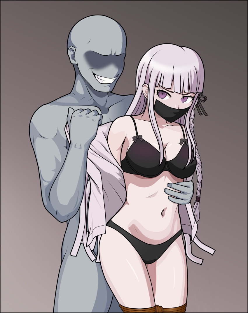 1girl absurdres arms_behind_back bdsm black_bra black_panties black_ribbon bondage bound bra braid breasts cowboy_shot danganronpa:_trigger_happy_havoc danganronpa_(series) english_commentary faceless faceless_male gag grey_hair grin hair_ribbon highres just_some_guy kirigiri_kyoko large_breasts navel no_pants panties purple_eyes rape restrained ribbon side_braid smile standing stomach teeth underwear undressing_another