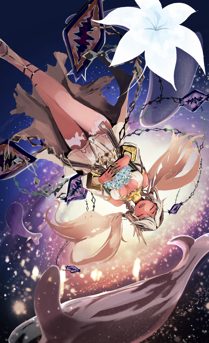 1girl absurdres andromeda_(fate) andromeda_(first_ascension)_(fate) blonde_hair bouquet breasts chain closed_eyes fate/grand_order fate_(series) flower galaxy highres holding holding_bouquet large_breasts long_hair twintails upside-down user_judn8458 whale