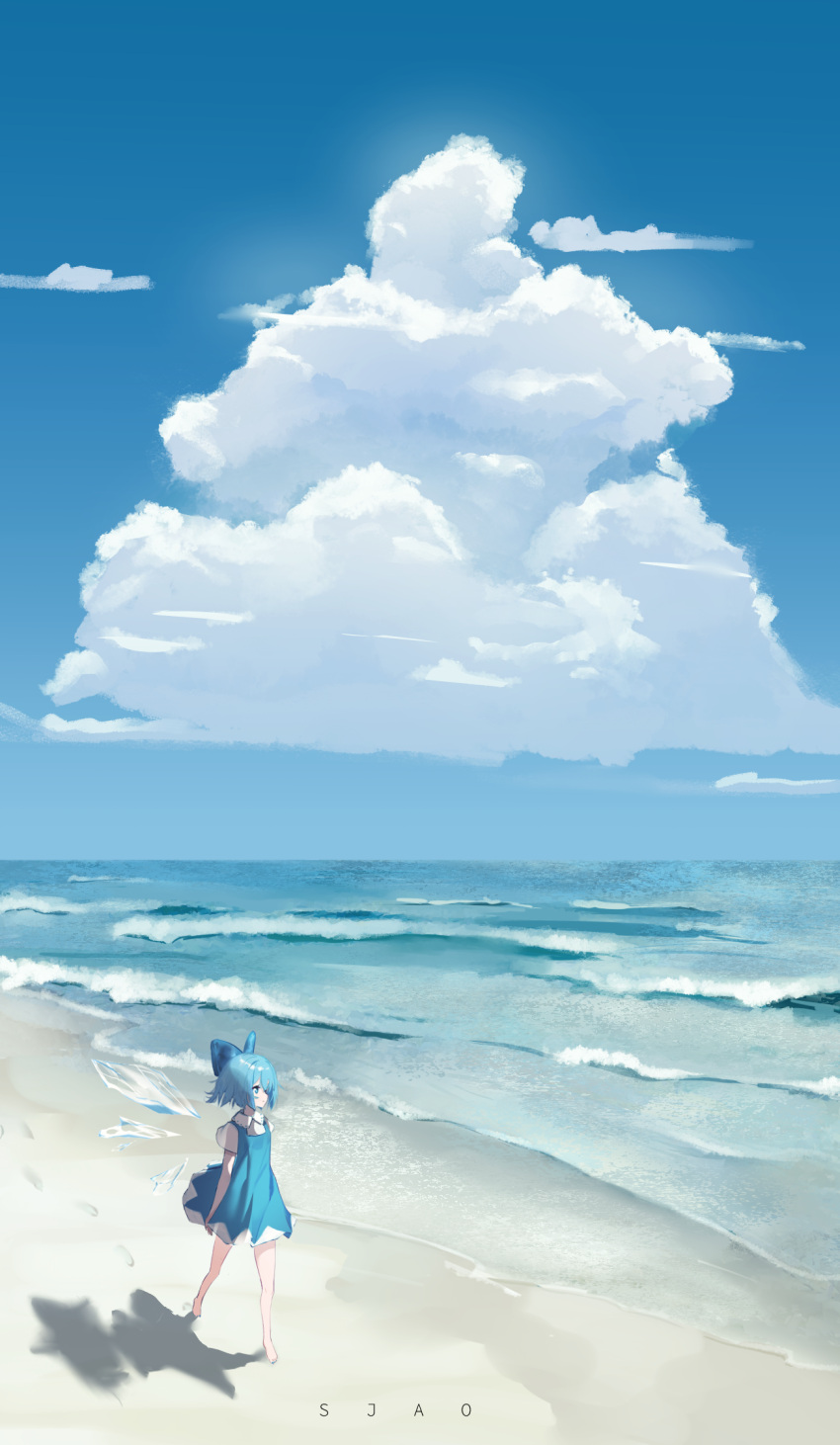 1girl arm_at_side artist_name bare_legs barefoot beach blue_bow blue_dress blue_eyes blue_hair blue_sky bow cirno closed_mouth cloud collared_shirt commentary cumulonimbus_cloud day dress english_commentary hair_bow highres ice ice_wings looking_afar ocean outdoors profile scenery shaoviie shirt short_dress short_hair short_sleeves sky sleeveless sleeveless_dress solo standing summer touhou waves white_shirt wide_shot wings