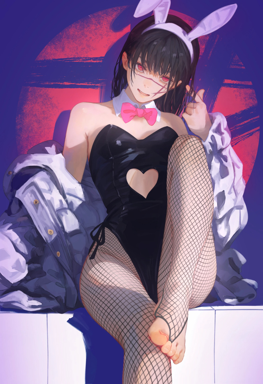 1girl absurdres animal_ears black_hair bow bowtie bridal_legwear chainsaw_man clothing_cutout cross_scar detached_collar fake_animal_ears feet fishnet_pantyhose fishnets heart_cutout highres jacket knee_up no_shoes open_clothes open_jacket open_mouth pantyhose pink_bow pink_bowtie pink_eyes playboy_bunny playing_with_own_hair rabbit_ears scar scar_on_cheek scar_on_face scar_on_nose sitting solo white_jacket yao_liao_wang yoru_(chainsaw_man)