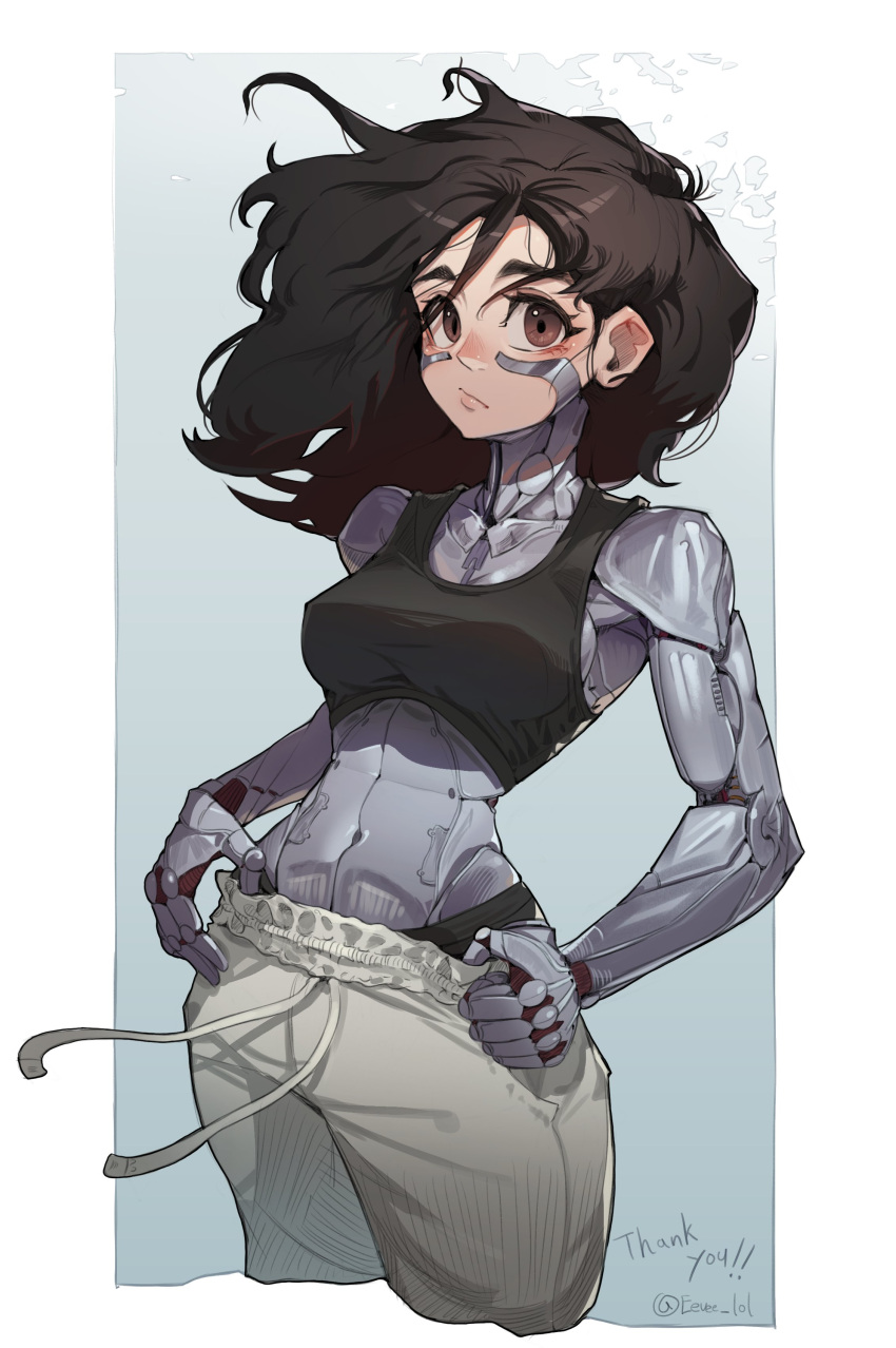 1girl abs absurdres alita battle_angel_alita black_hair breasts brown_eyes commentary_request cyborg frown hand_on_own_hip highres jeehyung_seo korean_commentary long_hair looking_at_viewer pants robot_girl sideboob signature solo tank_top track_pants