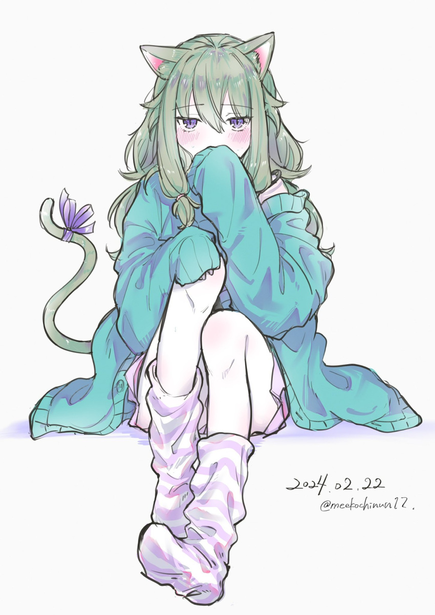 1girl animal_ears blue_cardigan blue_jacket cardigan cat_day cat_ears cat_tail dated flower green_hair hair_flower hair_ornament highres jacket kusanagi_nene long_hair long_sleeves looking_at_viewer loose_socks low-tied_sidelocks meekochinun17 project_sekai purple_ribbon ribbon sitting socks solo tail tail_ornament tail_raised tail_ribbon white_socks