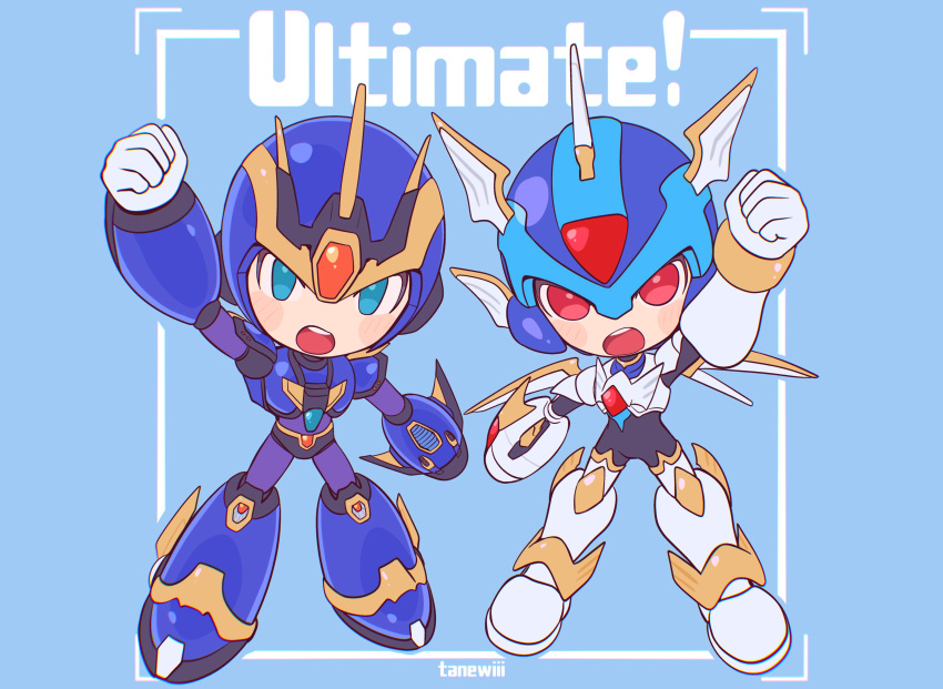 absurdres android arm_cannon arm_up armor blue_armor blue_eyes blue_footwear blue_helmet blush_stickers boots chibi copy_x_(mega_man) fins forehead_jewel full_body head_fins helmet highres male_focus mechanical_wings mega_man_(series) mega_man_x_(series) mega_man_zero_(series) open_mouth red_eyes shoulder_armor tanewiii teeth ultimate_armor_x_(mega_man) upper_teeth_only weapon white_armor white_footwear wings x_(mega_man) x_buster