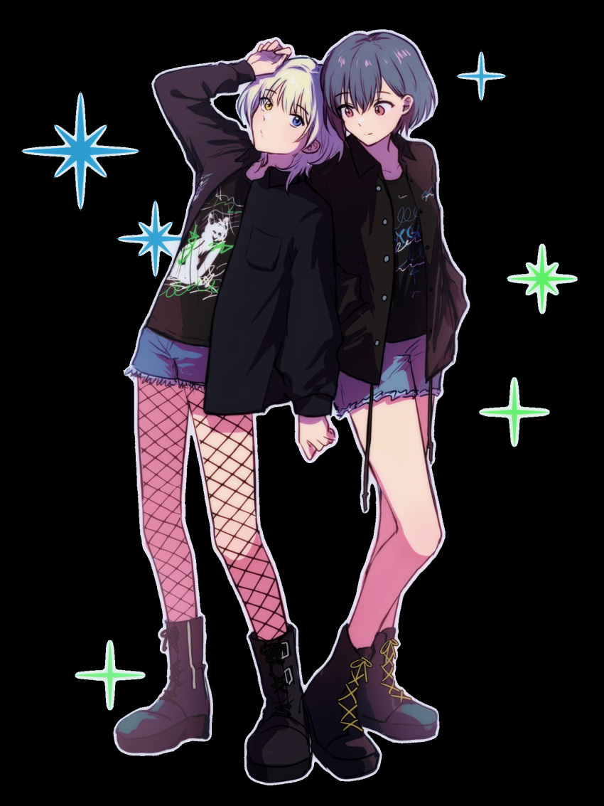 2girls bang_dream! bang_dream!_it's_mygo!!!!! black_background black_footwear black_jacket black_shirt blue_eyes blue_shorts boots closed_mouth commentary_request denim denim_shorts fishnet_pantyhose fishnets full_body grey_hair heterochromia highres jacha_gam jacket kaname_raana korean_commentary medium_hair multiple_girls pantyhose red_eyes shirt short_hair shorts simple_background smile star_(symbol) takamatsu_tomori white_hair yellow_eyes