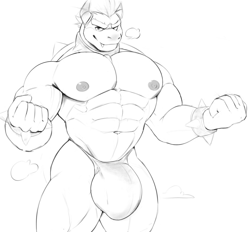 anthro big_bulge bowser bulge clothed clothing collar doggonut hi_res horn humanoid jewelry koopa looking_at_viewer male mammal mario_bros muscular muscular_anthro muscular_male nintendo nipples pecs scalie smile solo spikes teeth underwear