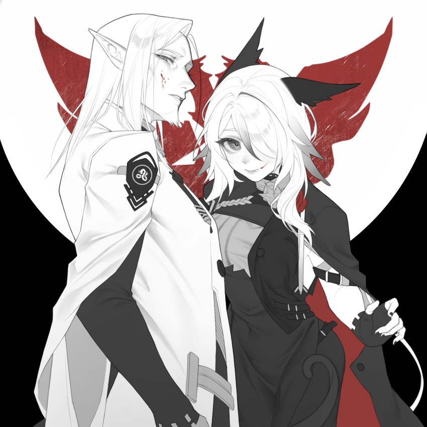 1boy 1girl animal_ears arknights bird_ears black_dress black_gloves blood blood_on_face cape coat commentary_request cowboy_shot dress duke_kashchey_(arknights) facial_hair fingerless_gloves gloves goatee hair_over_one_eye highres koshelna_(arknights) long_hair long_sleeves looking_at_viewer one_eye_covered parted_lips partially_colored pointy_ears white_coat yi_zhi_qiu_qiu_qiu