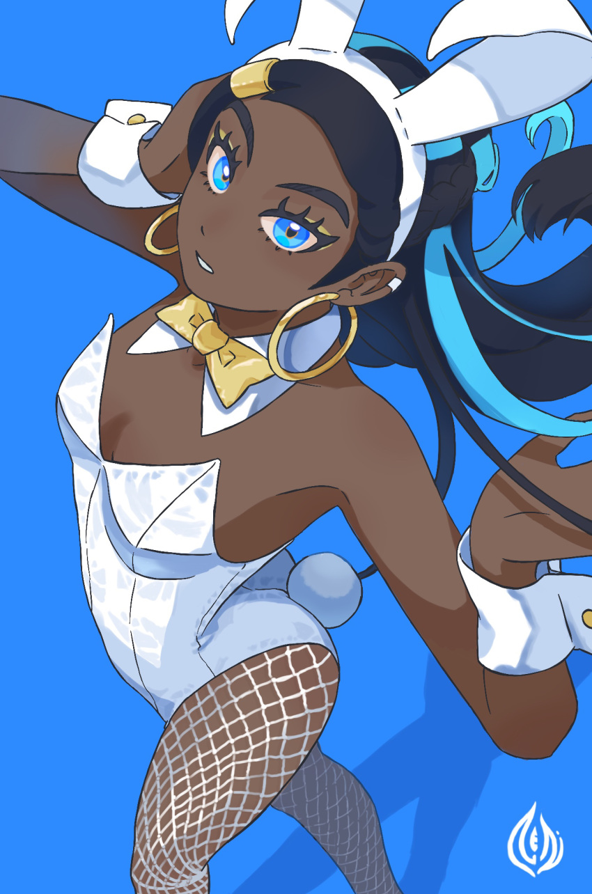 1girl alternate_costume animal_ears black_hair blue_background blue_eyes bow bowtie commentary_request dark-skinned_female dark_skin detached_collar earclip earrings eyelashes eyeshadow fake_animal_ears fishnet_pantyhose fishnets gold_earrings hairband hands_up highres hoop_earrings jewelry leotard long_hair makeup nessa_(pokemon) pantyhose playboy_bunny pokemon pokemon_swsh rabbit_ears solo standing touge_moe white_hairband white_leotard wrist_cuffs yellow_bow yellow_bowtie yellow_eyeshadow