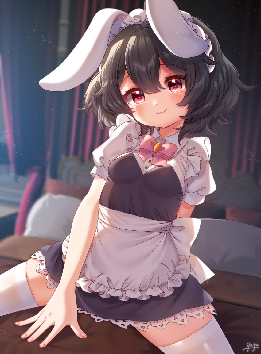 1girl :3 alternate_costume animal_ears apron bed black_dress black_hair blush bow bowtie breasts buttons carrot_pin closed_mouth commentary_request cowboy_shot dress enmaided floppy_ears frilled_apron frills hair_between_eyes highres inaba_tewi indoors lace-trimmed_dress lace_trim looking_at_viewer maid maid_headdress medium_bangs on_bed paid_reward_available pillow pink_bow pink_bowtie rabbit_ears rabbit_girl red_eyes see-through see-through_legwear shirt short_dress short_hair signature small_breasts smile solo strapless strapless_dress thighhighs touhou waist_apron white_apron white_shirt white_thighhighs yufukiri