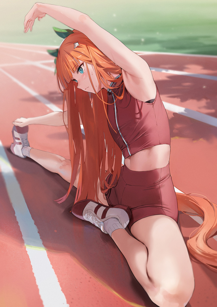 1girl animal_ears aqua_eyes arm_up armpits bare_arms bare_shoulders closed_mouth commentary_request day ear_covers emyo highres horse_ears horse_girl horse_tail long_hair looking_ahead midriff on_floor orange_hair outdoors railroad_tracks red_shirt red_shorts shirt shorts silence_suzuka_(umamusume) sleeveless sleeveless_shirt socks solo stretching tail umamusume white_footwear white_socks