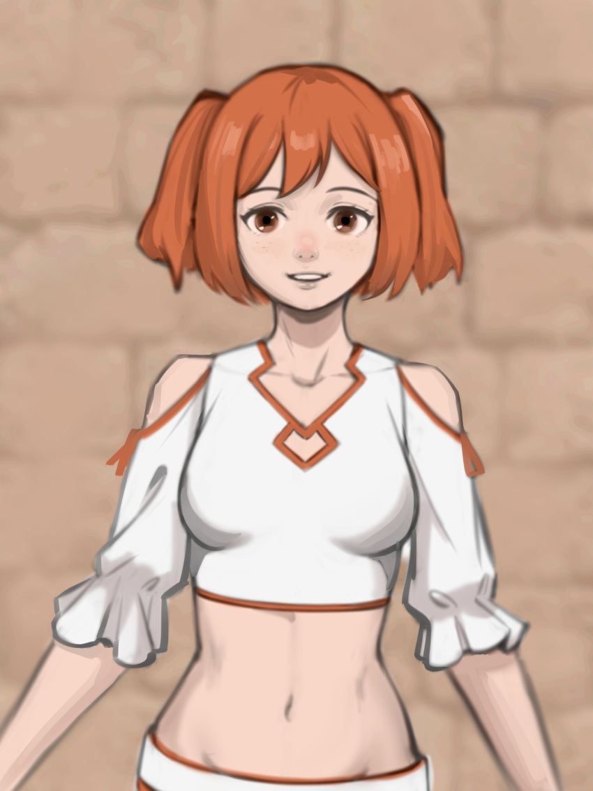 1girl a-pose bare_shoulders belt blurry blurry_background bob_cut breasts brick_wall brown_eyes clothing_cutout collarbone commentary crop_top cropped_shirt depth_of_field frilled_sleeves frills highres kanne_(sousou_no_frieren) looking_at_viewer medium_breasts midriff navel orange_hair parted_lips shirt short_hair short_sleeves shoulder_cutout smaragdus smile solo sousou_no_frieren standing straight-on two_side_up upper_body white_belt white_shirt