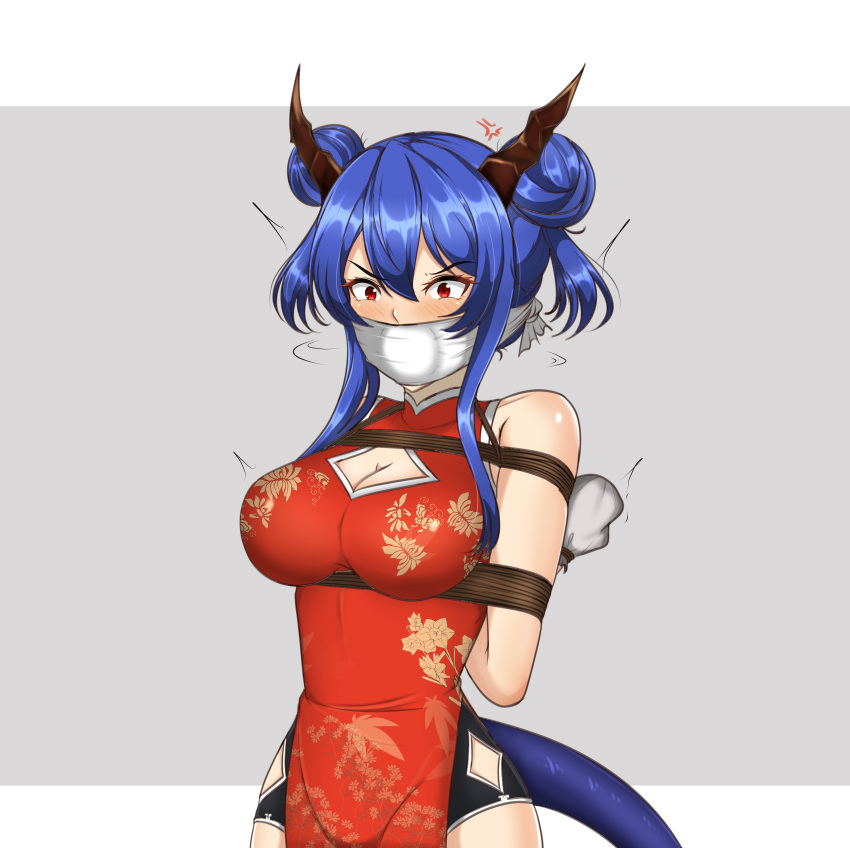 1girl absurdres arknights arms_behind_back bare_shoulders blue_hair blush breasts ch'en_(ageless_afterglow)_(arknights) ch'en_(arknights) cleavage cleavage_cutout cloth_gag clothing_cutout commentary double_bun dragon_horns dragon_tail dress gag gagged hair_bun highres horns improvised_gag large_breasts leila2015 long_hair looking_at_viewer official_alternate_costume over_the_mouth_gag red_dress red_eyes rope sleeveless sleeveless_dress solo tail twintails upper_body