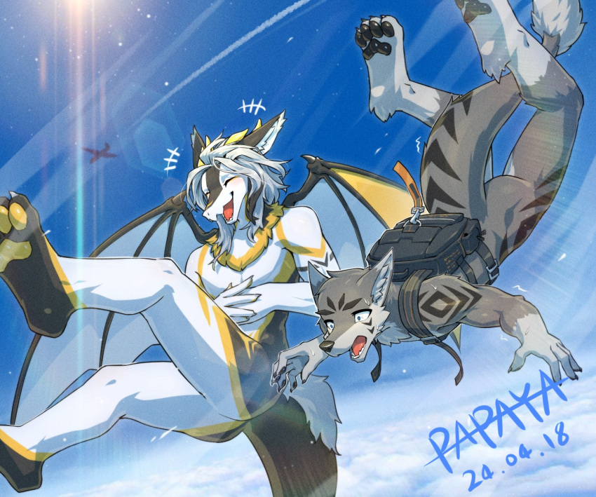 anthro arm_markings black_pawpads blue_eyes blue_sky canid cloud dated dragon duo eyes_closed facial_markings fur grey_body grey_fur grey_inner_ear_fluff hair head_markings hi_res inner_ear_fluff laugh leg_markings male mammal markings membrane_(anatomy) membranous_wings mythological_creature mythological_scalie mythology no_pupils nude open_mouth papayafurry pawpads scalie scared signature sky skydiving tail tail_markings tuft white_body white_hair white_inner_ear_fluff white_wings wings yellow_markings