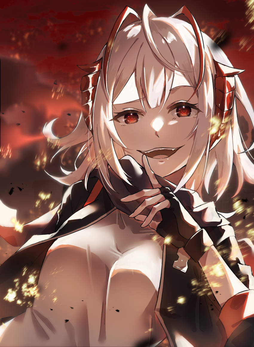 1girl antennae arknights black_gloves breasts fingerless_gloves gloves highres jacket long_sleeves looking_at_viewer open_clothes open_jacket open_mouth puffy_long_sleeves puffy_sleeves red_eyes short_hair smile solo u_yuz_xx upper_body w_(arknights) white_hair