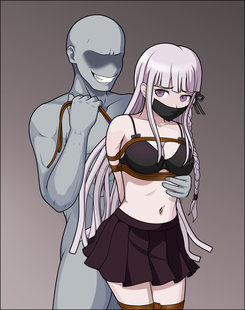 1girl absurdres arms_behind_back bdsm black_bra black_ribbon black_skirt bondage bound bra braid breasts cowboy_shot danganronpa:_trigger_happy_havoc danganronpa_(series) english_commentary faceless faceless_male gag grey_hair grin hair_ribbon highres just_some_guy kirigiri_kyoko large_breasts miniskirt navel pleated_skirt purple_eyes rape restrained ribbon rope shibari side_braid skirt smile standing teeth underwear