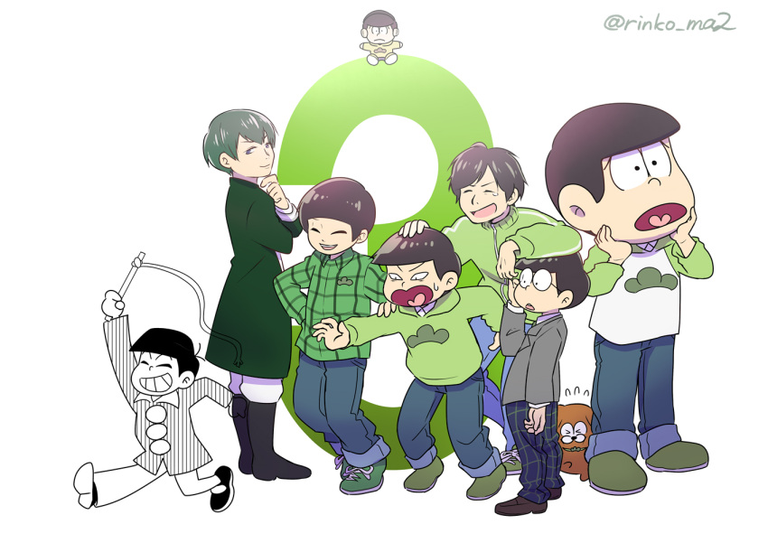 6+boys adjusting_eyewear angry antenna_hair black_hair blazer bowl_cut buttons character_doll child collared_shirt cosplay dog f6 flying_sweatdrops glasses green_footwear green_hair green_necktie grey_jacket grin heart heart_in_mouth holding_back jacket kamiya_hiroshi male_focus mascot_costume matsu_symbol matsuno_choromatsu multiple_boys necktie osomatsu-kun osomatsu-san osomatsu-san_on_stage_-_six_men's_show_time osomatsu-san_the_movie pants plaid plaid_pants rinko_ma2 school_swimsuit shirt smile swimsuit twitter_username ueda_keisuke whip