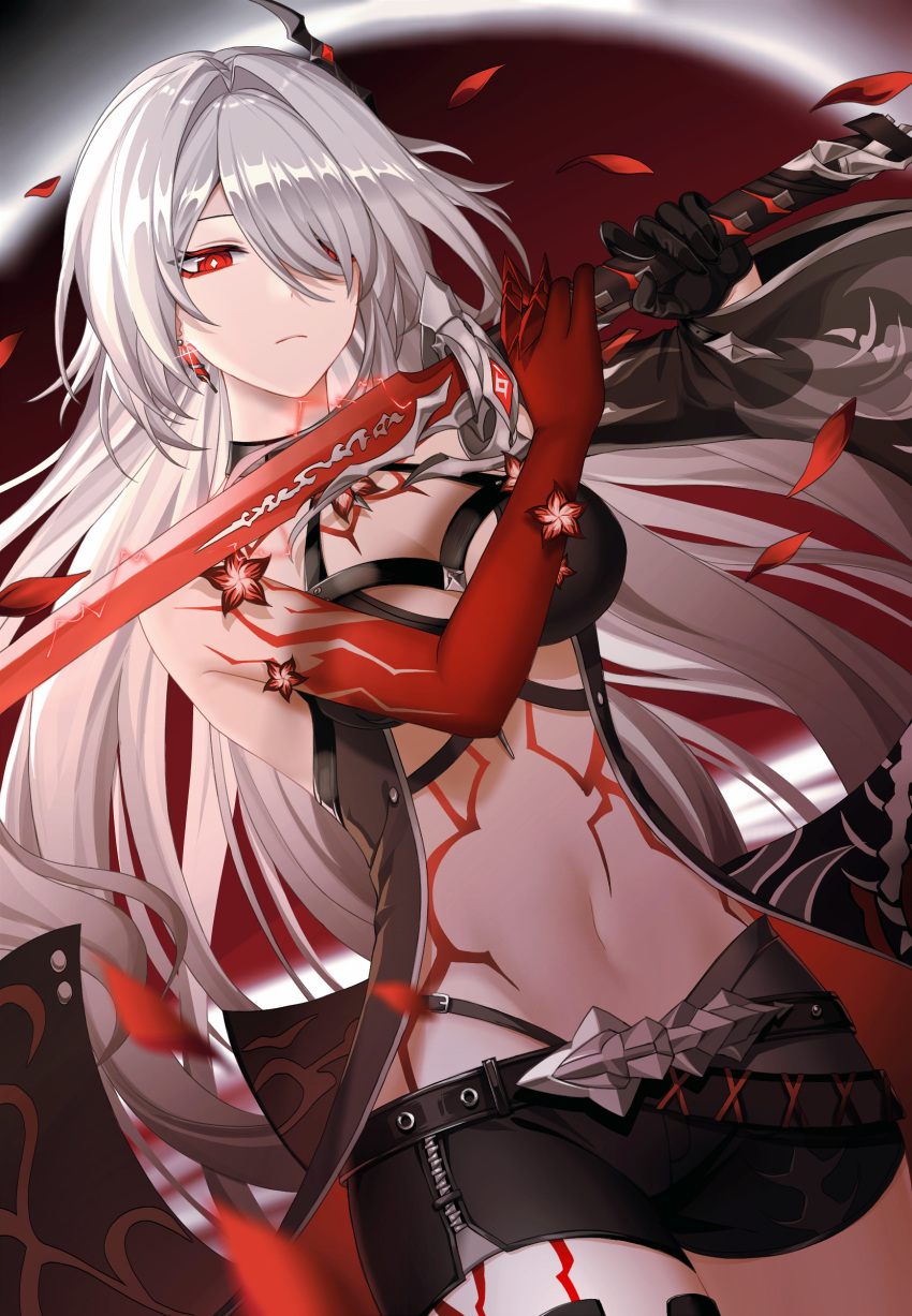 1girl acheron_(honkai:_star_rail) black_choker black_coat black_gloves black_hole black_shorts body_markings boots breasts choker cleavage coat coattails detached_sleeves falling_petals flower gloves guji064498 hair_over_one_eye highres holding holding_sword holding_weapon honkai:_star_rail honkai_(series) long_hair midriff navel official_alternate_color official_alternate_hair_color petals red_eyes red_flower short_shorts shorts single_bare_shoulder solo stomach sword thigh_boots weapon white_hair