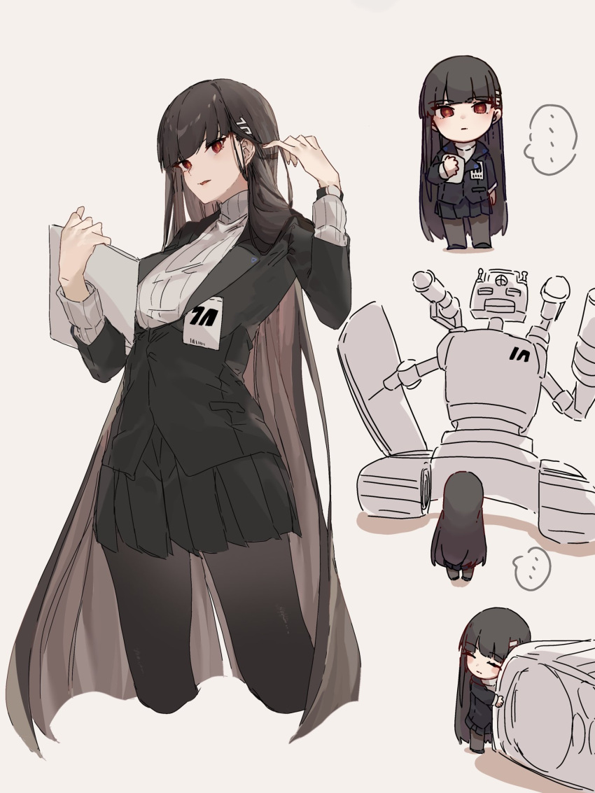 anmochi_mochi avant_garde_(blue_archive) black_hair black_jacket blue_archive chibi hair_ornament hairclip highres holding hugging_object jacket name_tag red_eyes rio_(blue_archive) robot speech_bubble turtleneck