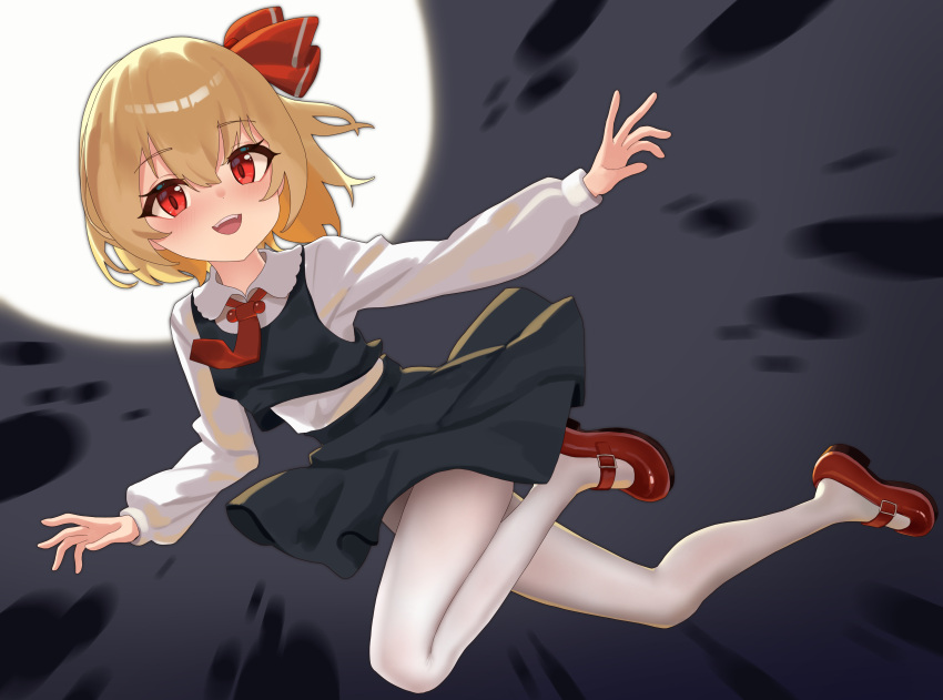 1girl :d absurdres ascot black_skirt black_vest blonde_hair darkness fangs full_moon highres legs lulumiya_(abbb1233) mary_janes medium_hair moon night night_sky pantyhose red_ascot red_eyes red_footwear rumia shirt shoes skirt sky smile solo teeth touhou upper_teeth_only vest white_pantyhose white_shirt