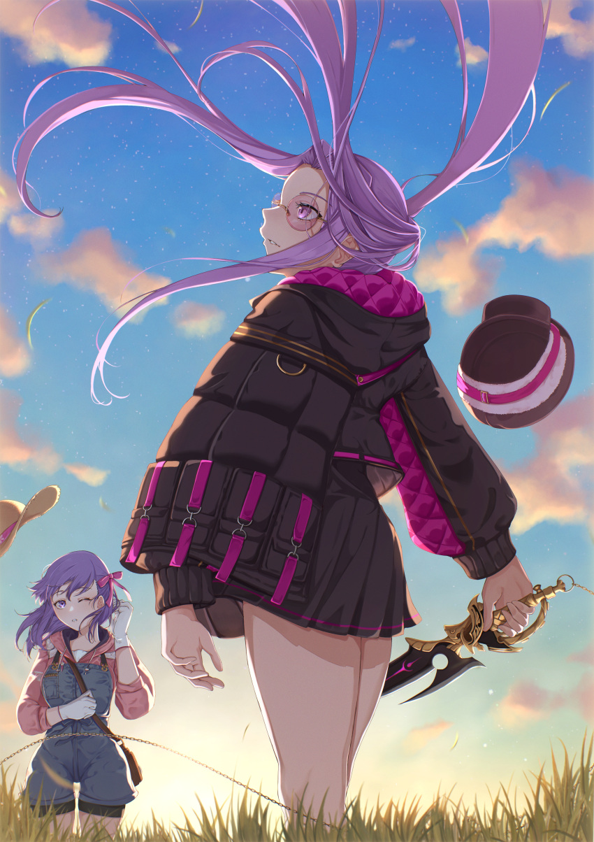 absurdres dagger fate/grand_order fate_(series) floating_hair highres holding holding_dagger holding_knife holding_weapon knife matou_sakura medusa_(fate) medusa_(saber)_(fate) nikumaki43 purple_eyes purple_hair sky thighs upper_body weapon wind