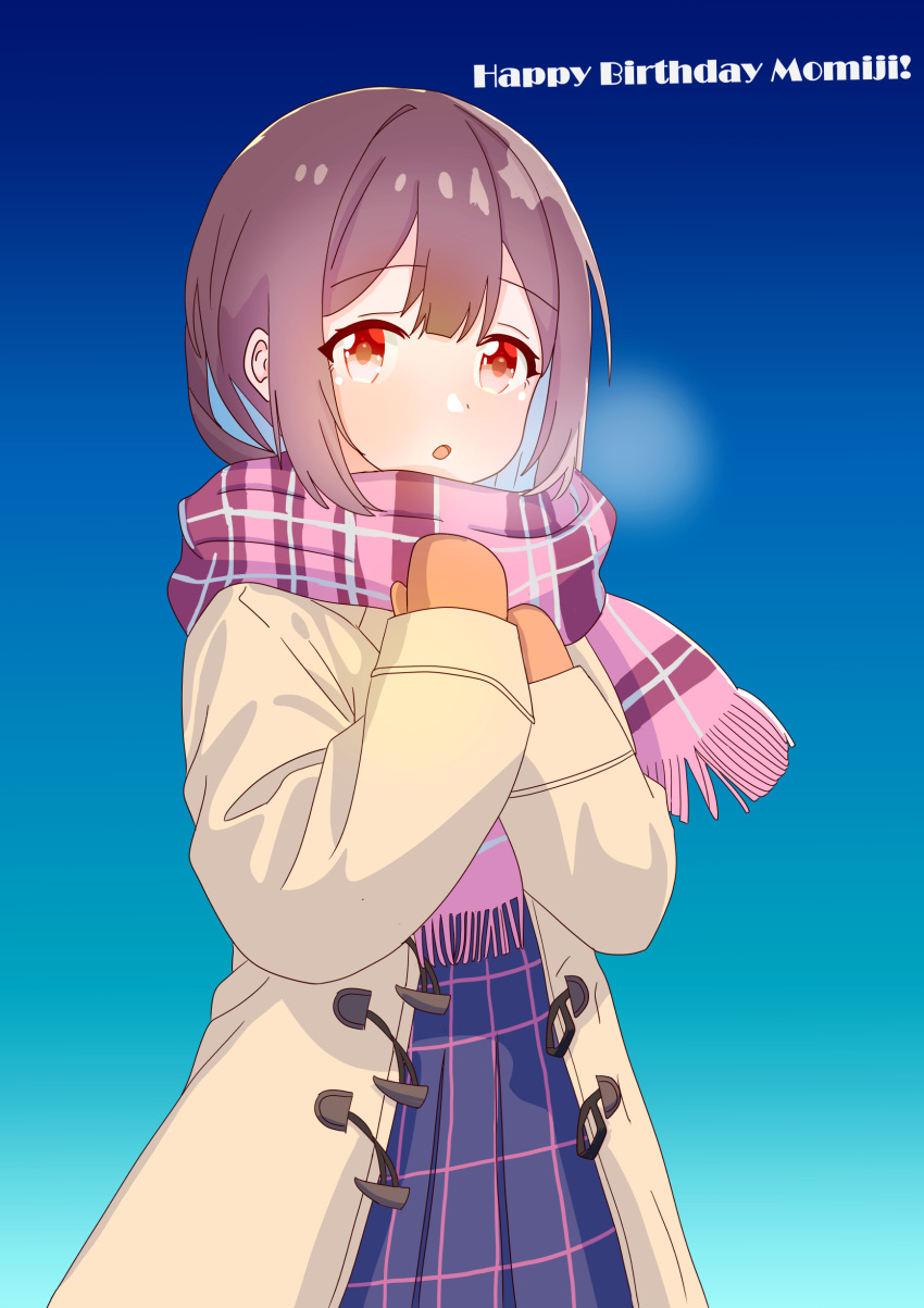 1girl :o absurdres blue_background blue_hair blunt_bangs breath brown_hair character_name coat colored_inner_hair commentary english_text gradient_background happy_birthday highres hozuki_momiji long_sleeves looking_at_viewer mittens multicolored_hair onii-chan_wa_oshimai! open_mouth pa_panahana plaid plaid_scarf red_eyes scarf simple_background solo two-tone_hair winter_clothes winter_coat yellow_coat