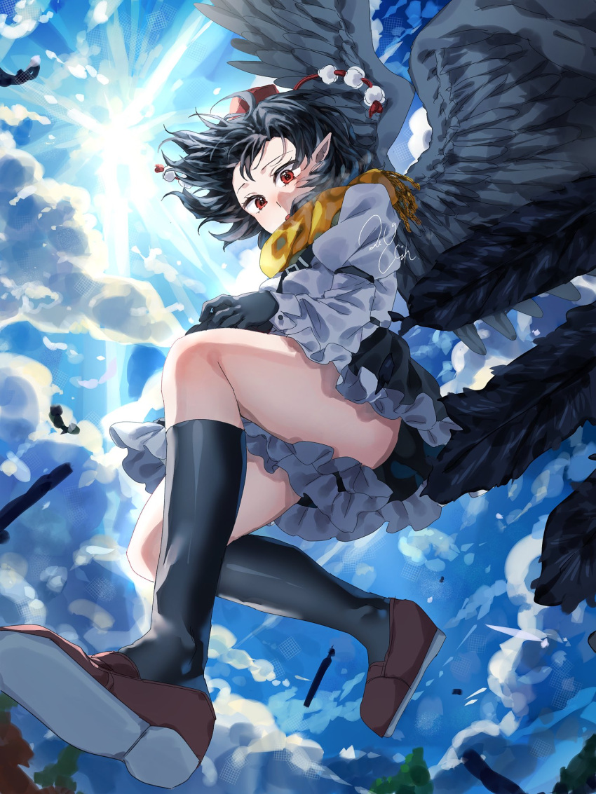 1girl bird_wings black_feathers black_gloves black_hair black_skirt black_socks black_wings blue_sky bug cloud cloudy_sky colored_shoe_soles commentary_request day falling_feathers feathered_wings feathers fly frilled_skirt frilled_sleeves frills gloves hat highres juliet_sleeves kneehighs long_sleeves miniskirt outdoors pointy_ears pom_pom_(clothes) puffy_sleeves red_eyes red_footwear red_hair scarf shameimaru_aya shirt short_hair skirt sky socks solo tokin_hat touhou tree tsuyuji_shigure white_shirt wide_sleeves wings yellow_scarf