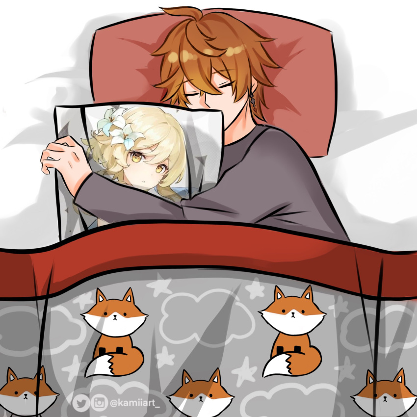 1boy artist_name bed blanket body_pillow closed_eyes ear_piercing earrings fox genshin_impact grey_pajamas highres instagram_logo instagram_username jewelry kamiiart lumine_(genshin_impact) orange_hair pajamas piercing pillow quilt sleeping tartaglia_(genshin_impact) twitter_logo twitter_username