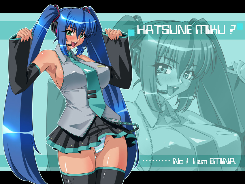 blue_hair blush breasts cosplay emina&amp;aki emina_(emina&amp;aki) green_eyes hatsune_miku hatsune_miku_(cosplay) highres kagami_hirotaka large_breasts long_hair original panties pantyshot solo striped striped_panties thighhighs twintails underwear very_long_hair vocaloid zoom_layer