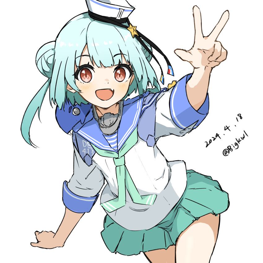 1girl absurdres animal animal_on_shoulder aqua_hair bigkwl blue_sailor_collar blush brown_eyes dated dixie_cup_hat double_bun fang green_neckerchief green_skirt hair_bun hat highres kantai_collection little_blue_whale_(kancolle) looking_at_viewer military_hat neckerchief one-hour_drawing_challenge open_mouth pleated_skirt sailor_collar samuel_b._roberts_(kancolle) school_uniform serafuku simple_background skirt twitter_username whale white_background