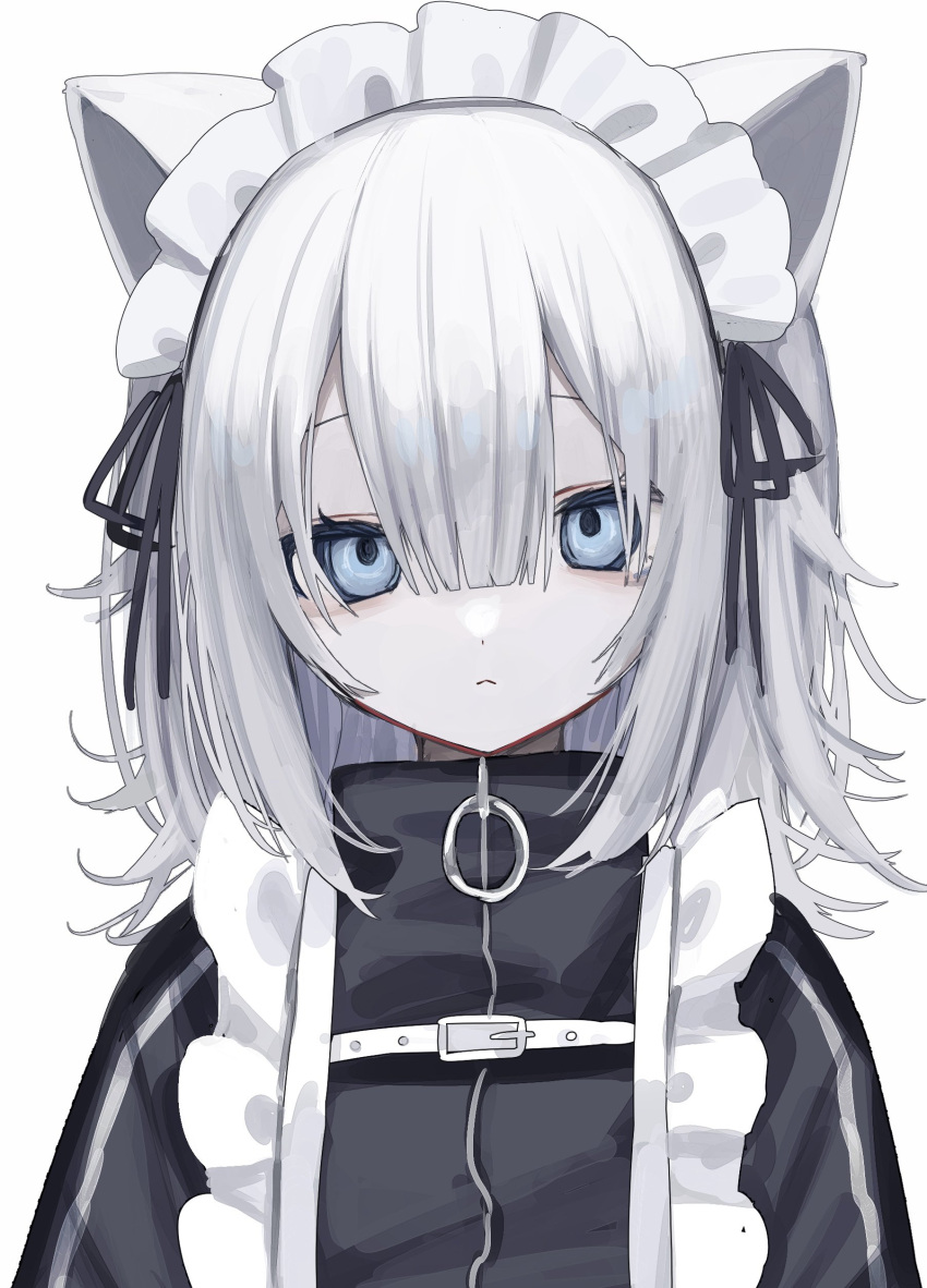 1girl :&lt; absurdres animal_ears arms_at_sides black_jacket black_ribbon blue_eyes cat_ears cat_girl closed_mouth dot_nose hair_between_eyes hair_ribbon highres jacket jersey_maid long_hair long_sleeves looking_at_viewer maid maid_headdress original ribbon simple_background solo squallea striped_clothes striped_jacket track_jacket unconventional_maid upper_body white_background white_hair zipper