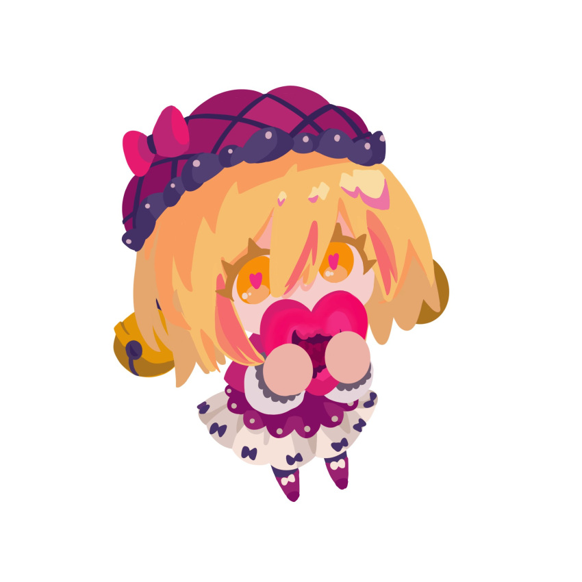 1girl bell blonde_hair bow don_quixote_(project_moon) dress e.g.o_(project_moon) electricleaf full_body hair_bell hair_ornament hat hat_bow heart highres holding holding_heart jingle_bell limbus_company lobotomy_corporation long_sleeves looking_at_viewer pink_bow pink_dress pink_hat project_moon short_hair solo yellow_eyes